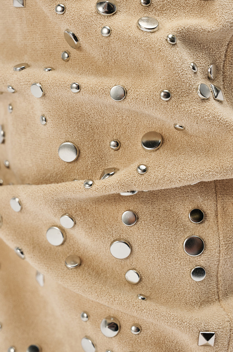 Close-up of the AZALEA WANG NAOMANI FAUX SUEDE BEIGE STUDDED OPEN TOE HEEL, featuring textured faux suede embellished with round and pyramid-shaped silver studs for a bold, decorative boho-chic look. 8