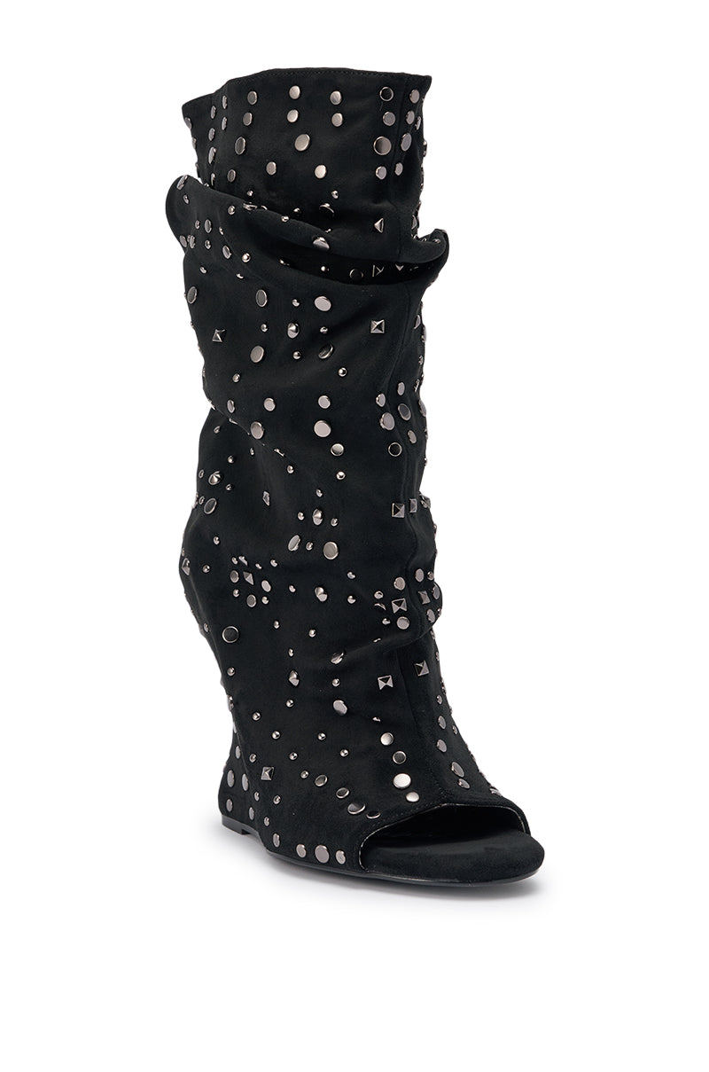 AZALEA WANG NAOMANI FAUX SUEDE BLACK STUDDED OPEN TOE BOOTIE – AKIRA