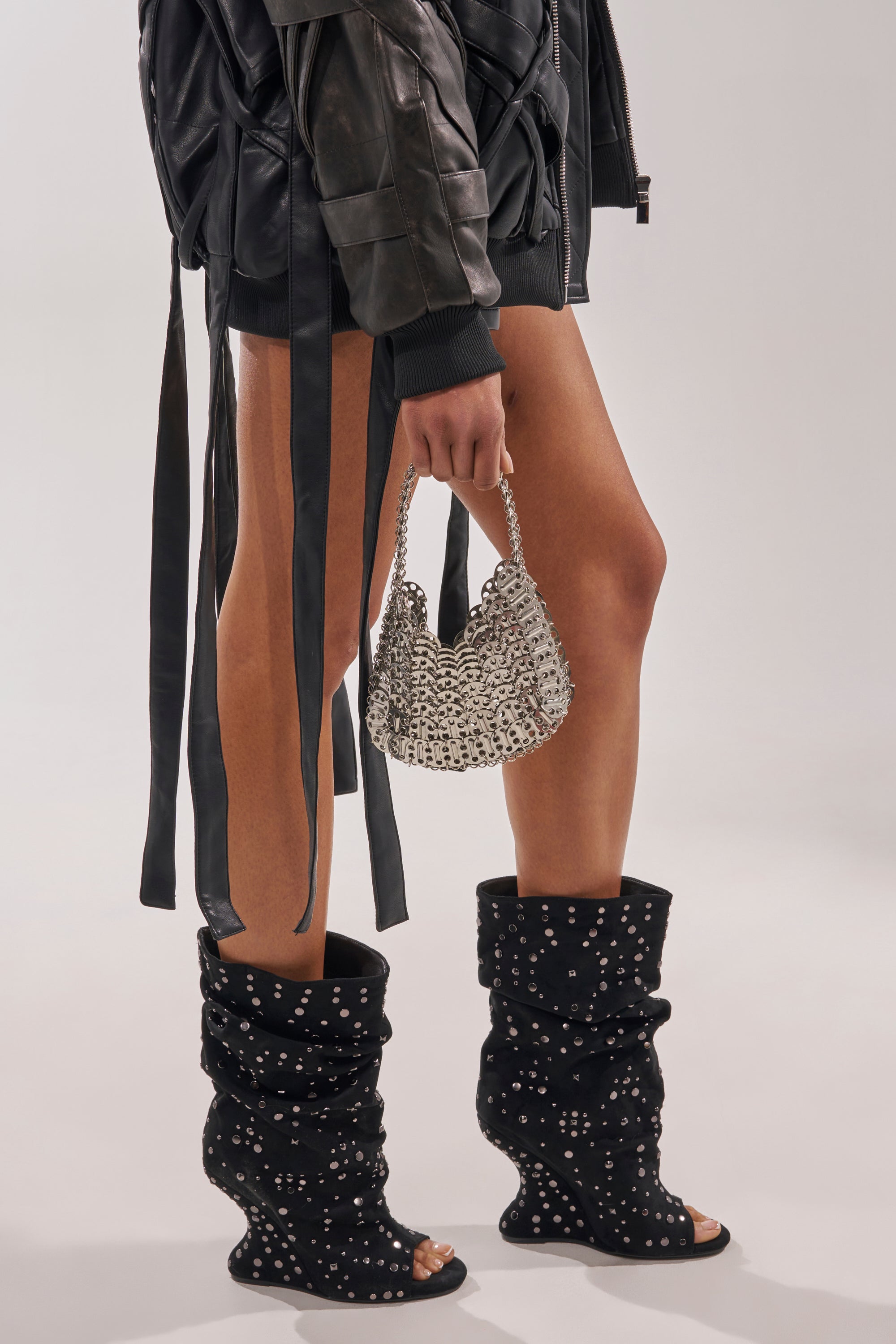 AZALEA WANG NAOMANI FAUX SUEDE BLACK STUDDED OPEN TOE BOOTIE – AKIRA