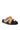 The AZALEA WANG NESSAROSE Tan Faux Suede Sandal flaunts crisscross straps with a gold buckle, a flatform sole, an open almond toe, and a black footbed, beautifully displayed against a white background.