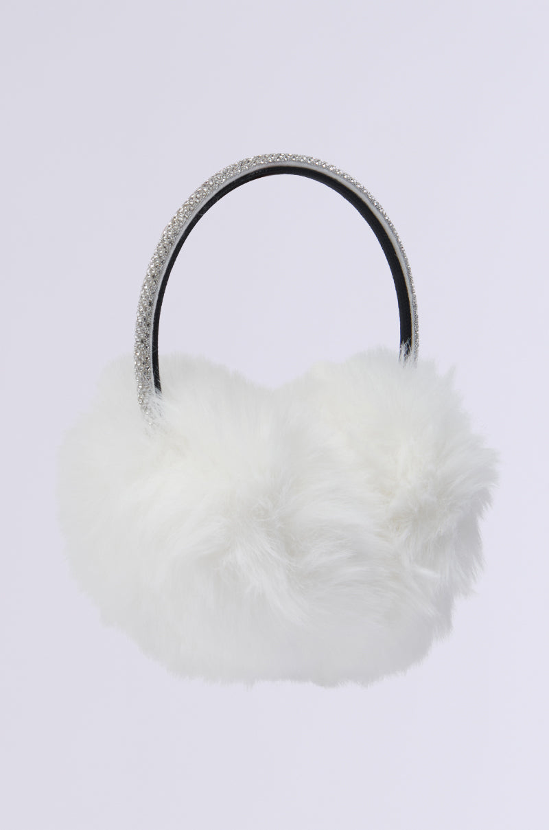 EXTRA RHINESTONE EAR MUFFS IN WHITE set against a plain background, featuring fluffy faux fur and a shimmering rhinestone headband—the perfect winter accessory.
