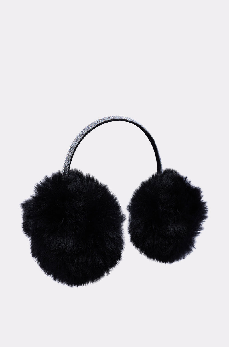 EXTRA RHINESTONE EAR MUFFS IN BLACK—luxurious black faux fur ear muffs featuring soft, furry texture and a simple headband, shown against a light gray background; the perfect cozy winter accessory. 7
