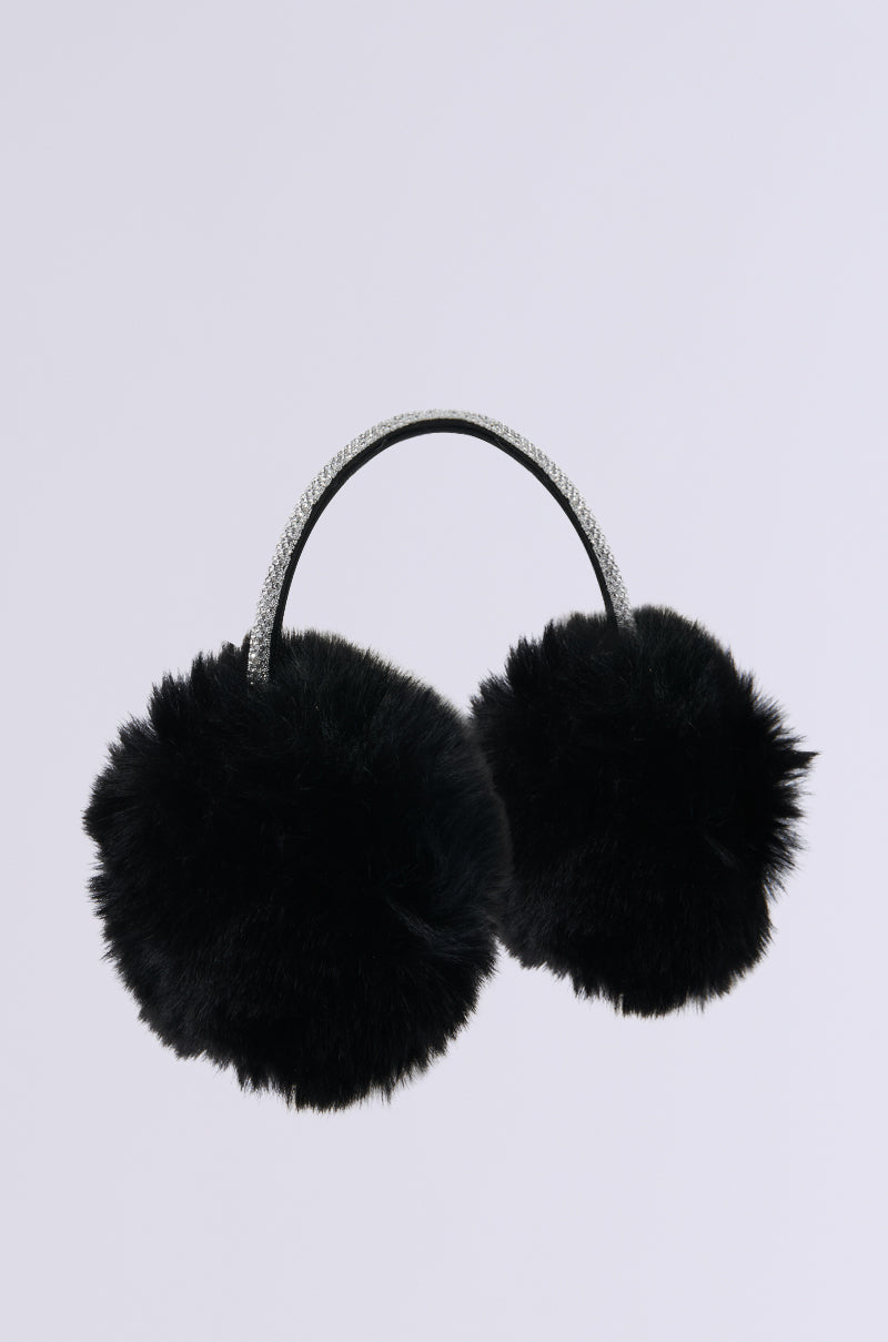 EXTRA RHINESTONE EAR MUFFS IN BLACK feature large faux fur pads and a thin headband, providing a chic and cozy winter accessory ideal for your next ski trip. The texture and shape stand out beautifully against the plain white background.
