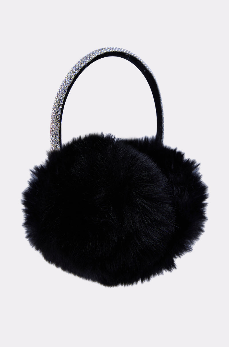 Chic winter accessory: EXTRA RHINESTONE EAR MUFFS IN BLACK—faux fur ear muffs with a rhinestone-encrusted headband, shown against a plain light background.
