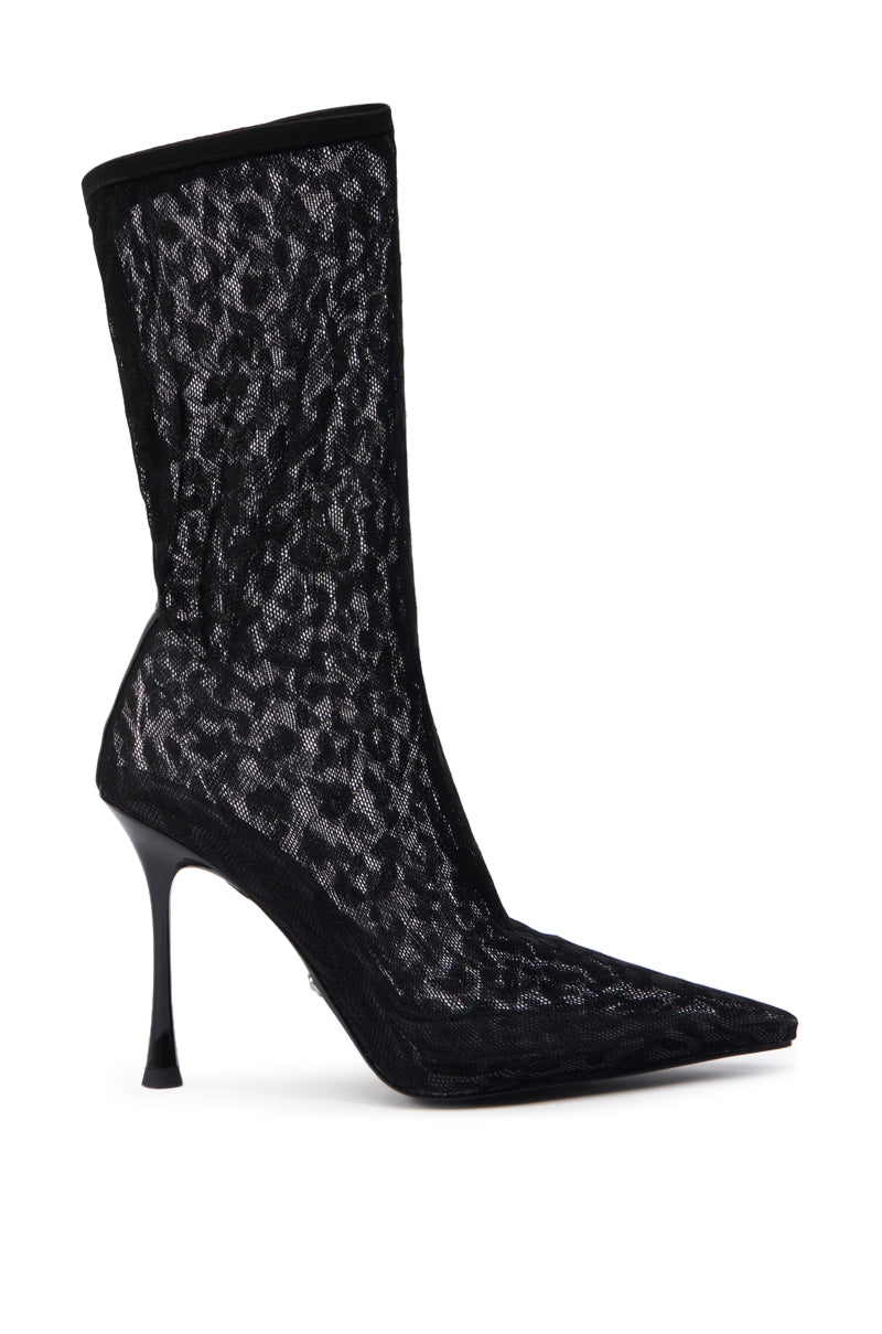 The AZALEA WANG NICKLAS BLACK LEOPARD STILETO BOOTIE features a high stiletto heel, pointed toe, and sheer mesh upper with a subtle wavy pattern, offering an elegant and modern look.