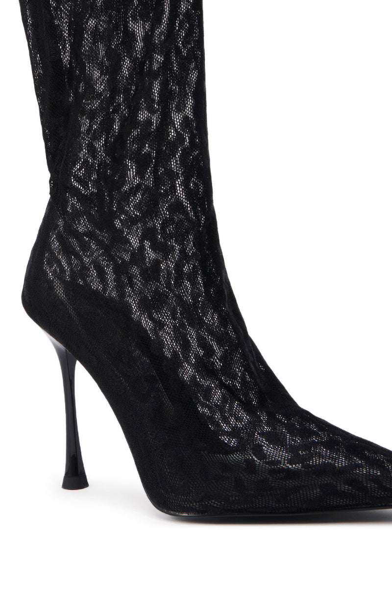 Close-up of the AZALEA WANG NICKLAS BLACK LEOPARD STILETTO BOOTIE, featuring a pointed toe, textured shiny finish, slim glossy heel, and sheer mesh upper for an elegant, modern look.