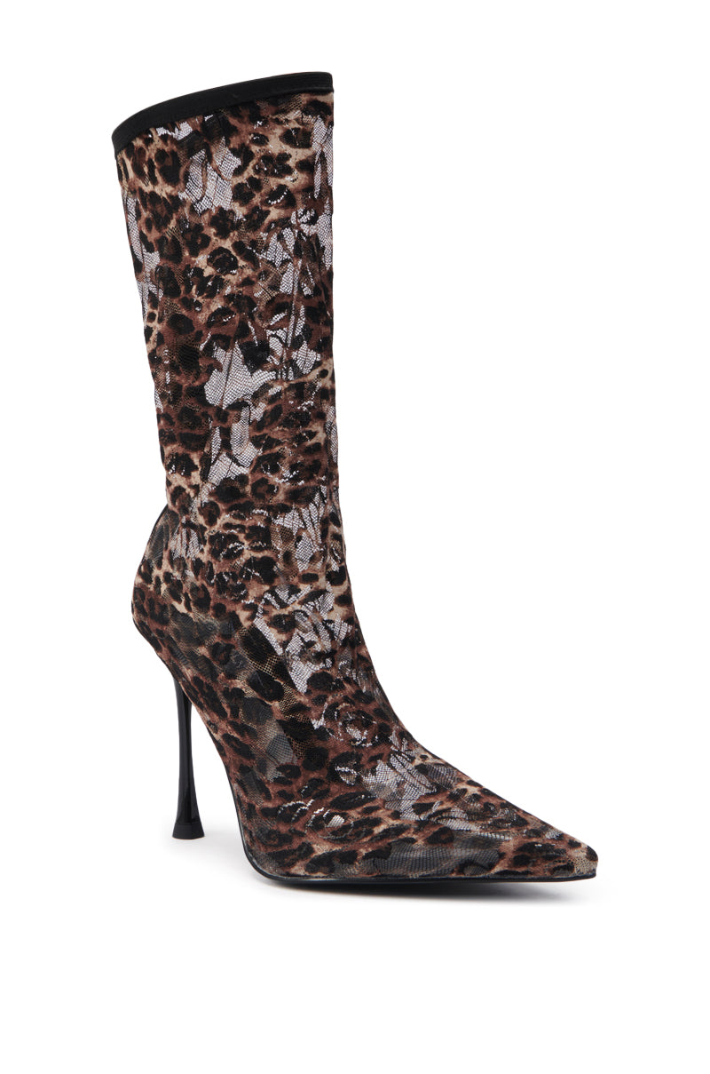 The AZALEA WANG NICKLAS LEOPARD STILETO BOOTIE features a sheer mesh upper, pointed toe, and a brown and black leopard print, displayed against a plain white background.