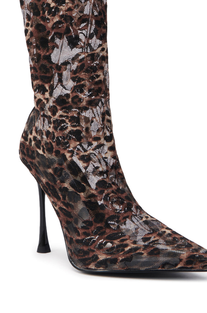 The AZALEA WANG NICKLAS LEOPARD STILETTO BOOTIE features a sheer black lace overlay, bold brown and black leopard print, and a cushioned insole for comfort.