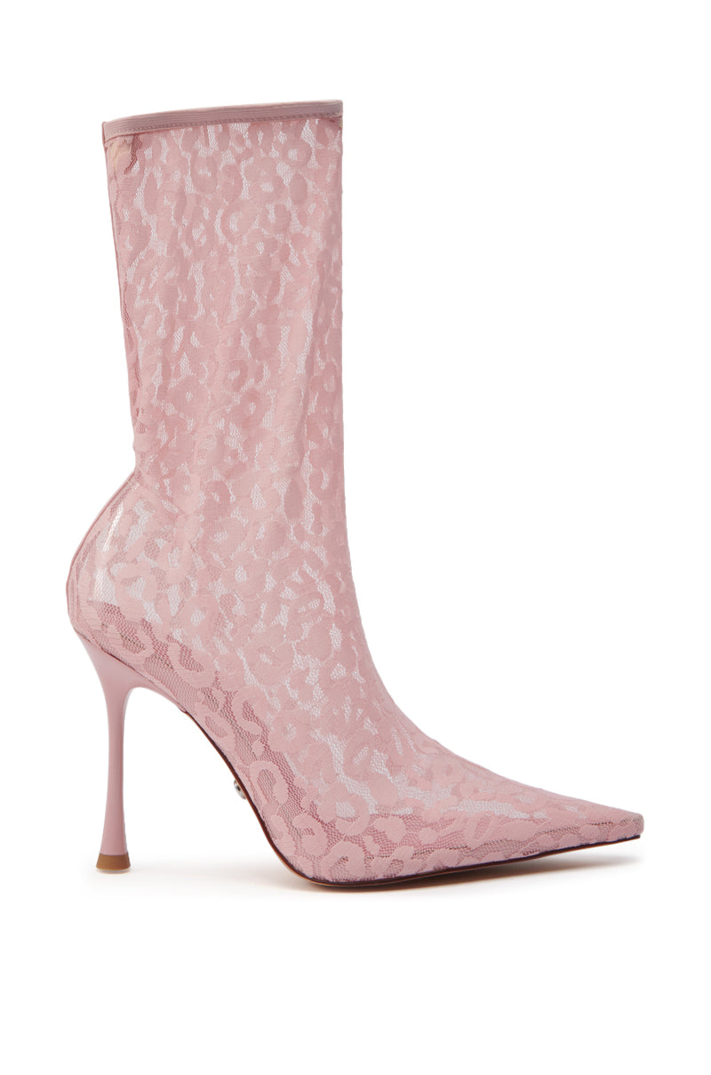 The AZALEA WANG NICKLAS Pink Leopard Stiletto Bootie features a pointed toe, sheer mesh upper, and subtle leopard print. Its sleek silhouette and high heel give this standout ankle boot an elegant, fashionable edge.
