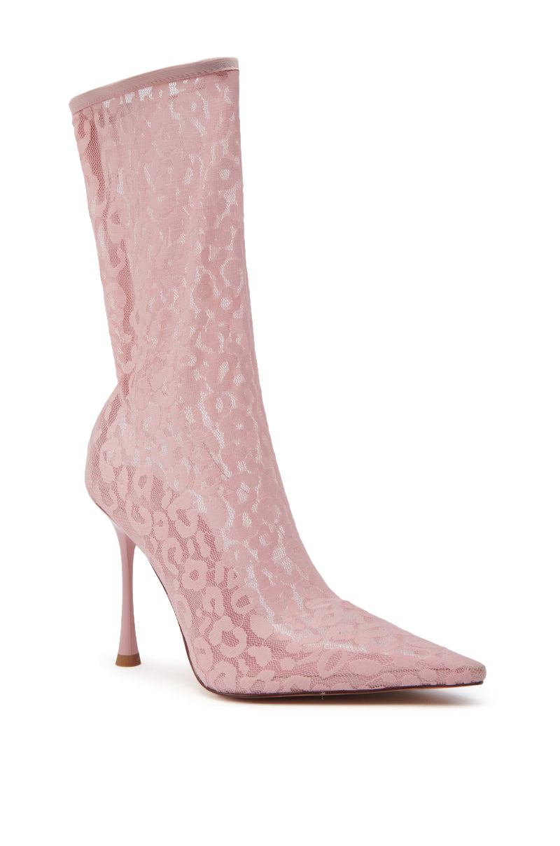 The AZALEA WANG NICKLAS PINK LEOPARD STILETTO BOOTIE features a pointed toe and is covered in sheer floral lace fabric for an elegant, striking look.