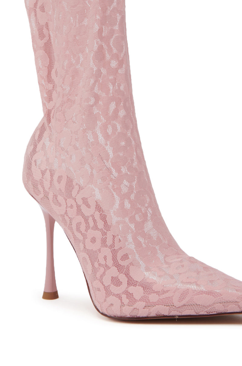 The AZALEA WANG NICKLAS PINK LEOPARD STILETTO BOOTIE is a high-heeled bootie with a pointed toe, pink leopard print, and a sheer mesh upper decorated with a delicate floral lace overlay.