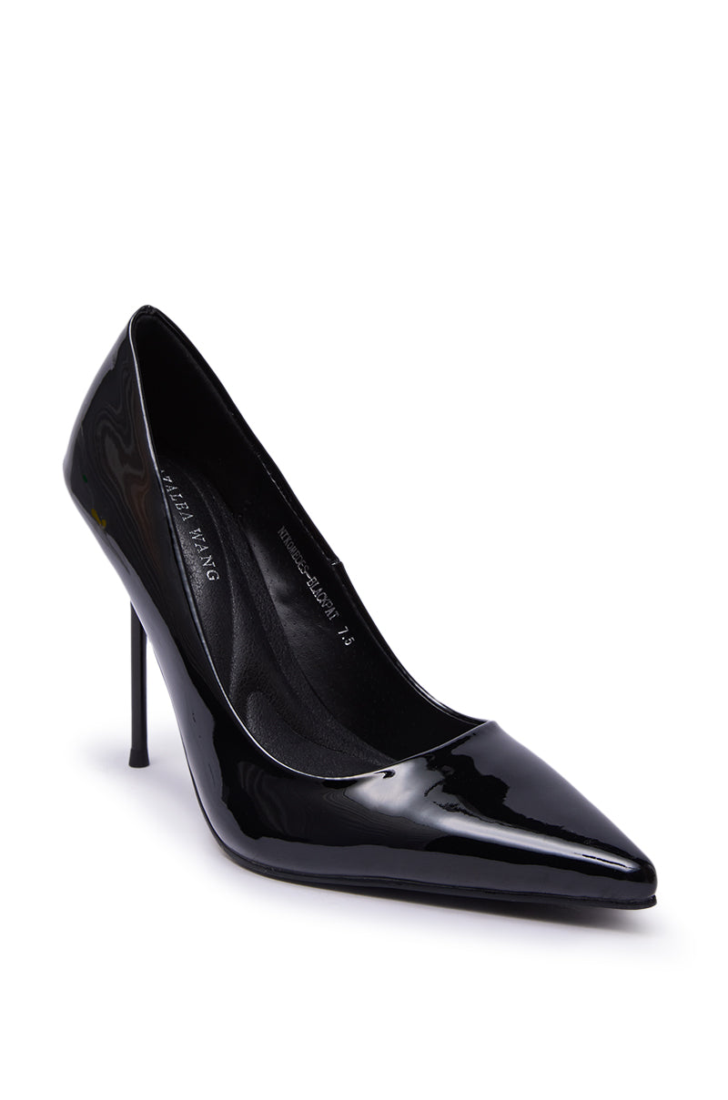 The AZALEA WANG NIKOMEDES BLACK PATENT STILETTO PUMP is a single pointed toe stiletto heel in black patent, shown at an angle against a plain white background.