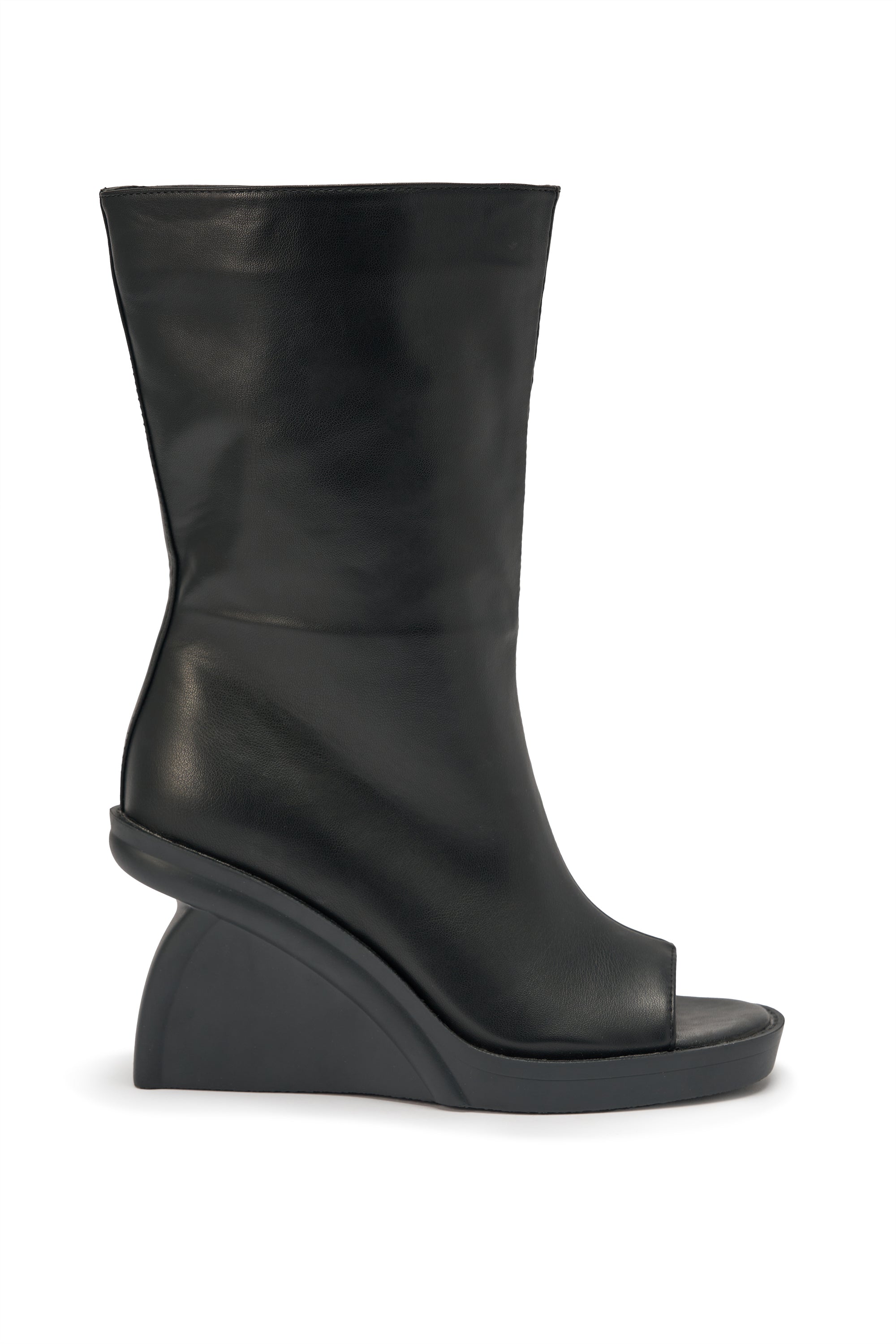 The AZALEA WANG NOLIA BLACK NOVELTY WEDGE BOOTIE is a black, mid-calf peep-toe bootie featuring a smooth leather finish and a matte black sculpted wedge heel. 3