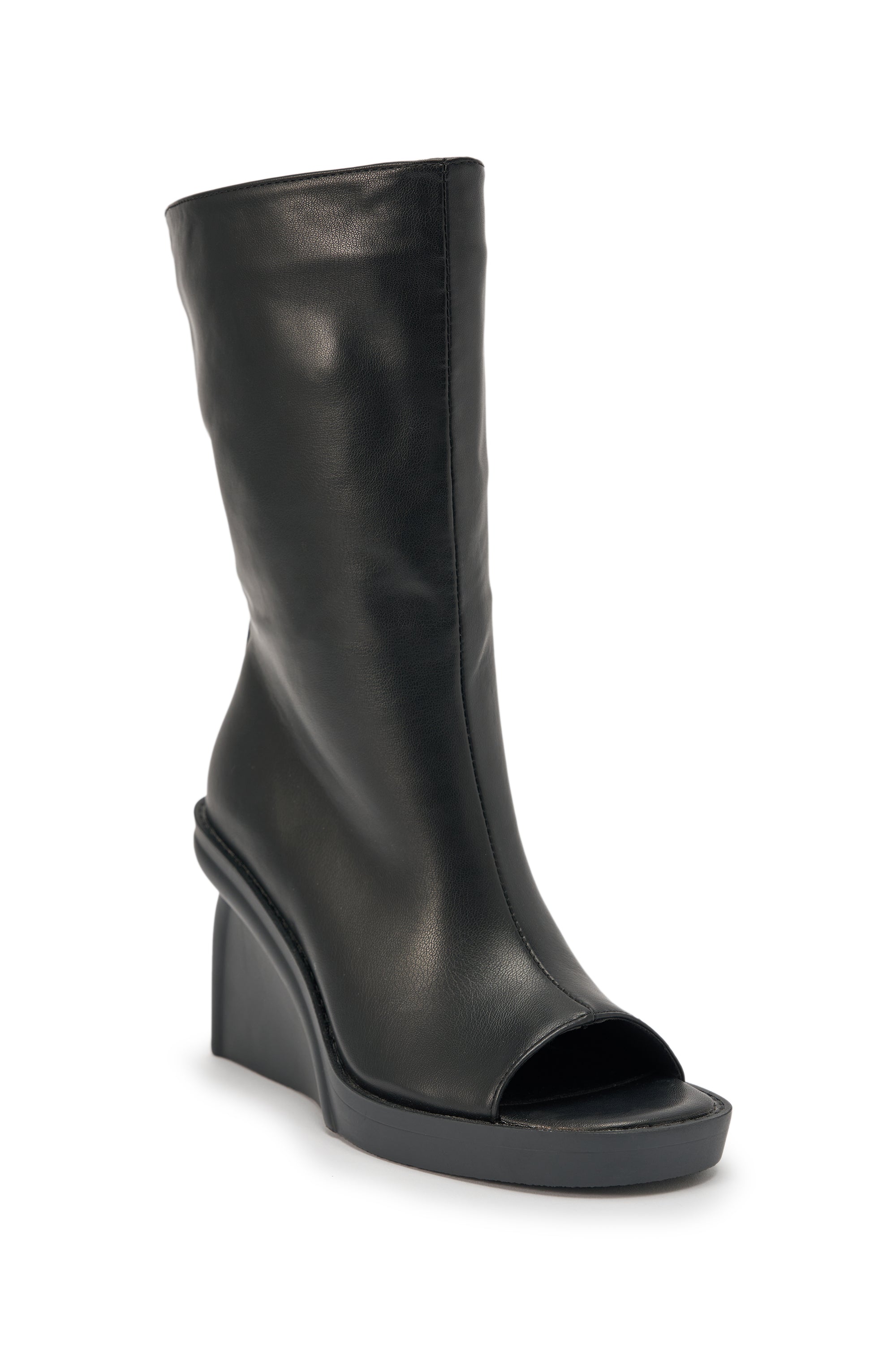 The AZALEA WANG NOLIA BLACK NOVELTY WEDGE BOOTIE is a black faux leather, mid-calf bootie with a peep-toe, chunky wedge heel, thick platform sole, and a sleek minimalist style. 4