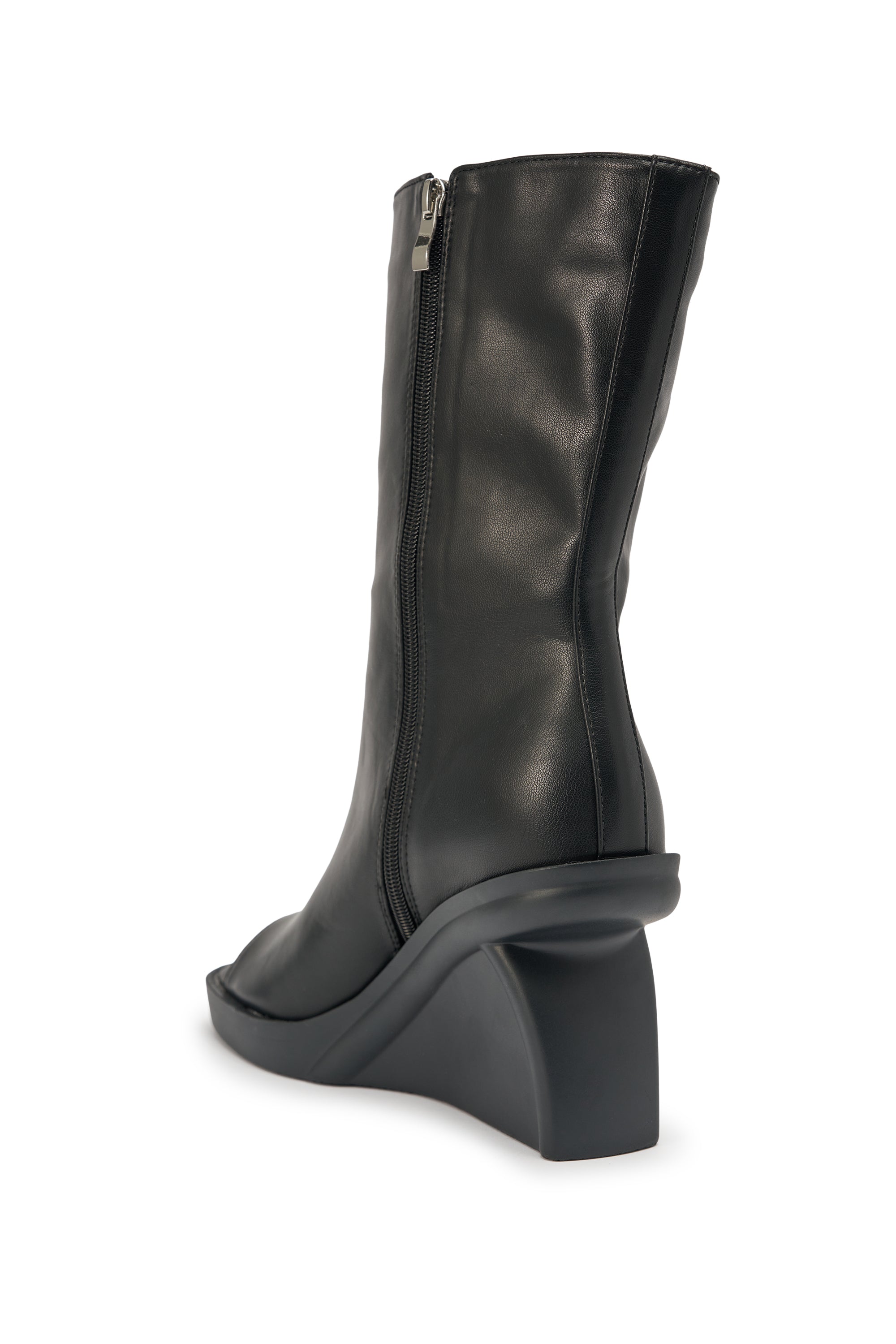 The AZALEA WANG NOLIA BLACK NOVELTY WEDGE BOOTIE is a black faux leather mid-calf boot with a side zipper and chunky wedge heel, shown from a rear side angle on a white background. 5