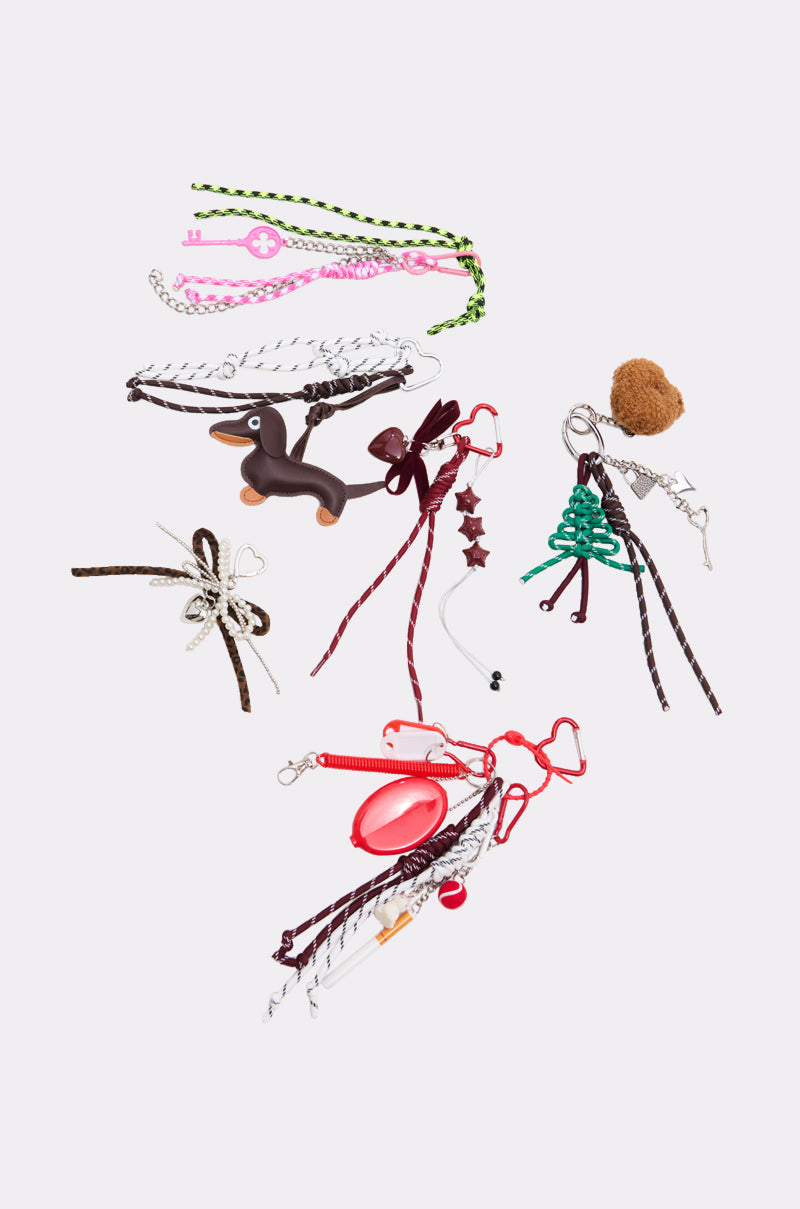 Several colorful keychains and charms, such as a brown dog, green tree, pink beaded cords, and bold pieces from the ULTIMATE KEYCHAIN SET, are artfully arranged on a white background.