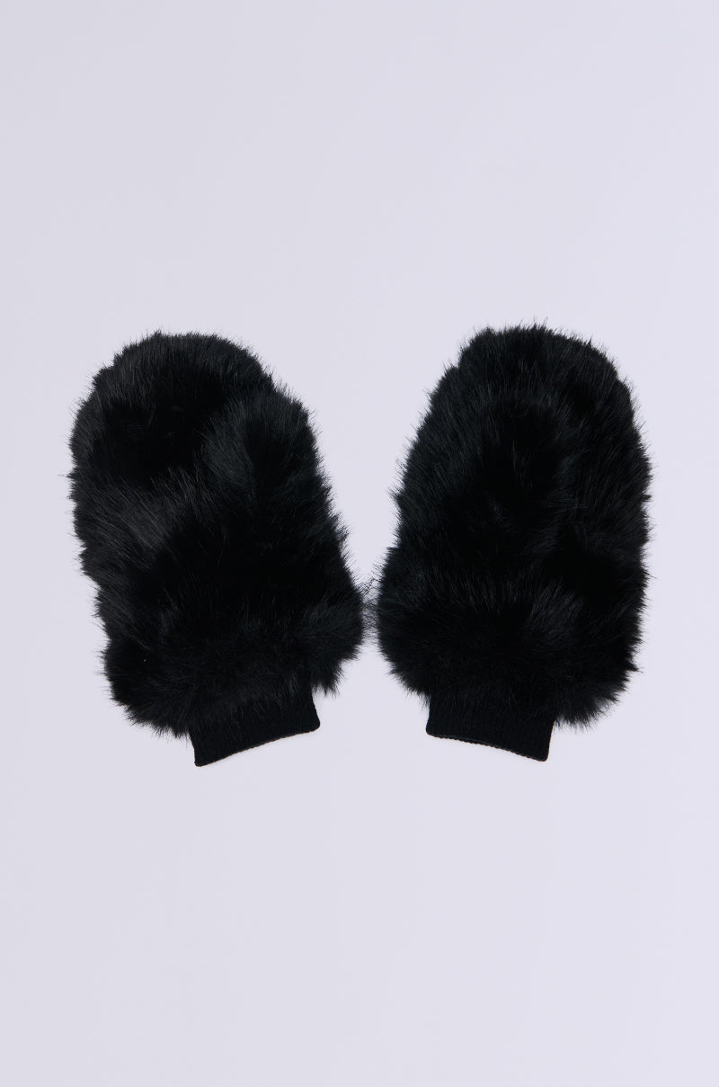 Amidst a light grey backdrop, the ALL ABOUT THE MONEY FUR MITTENS stand out with their fluffy black faux fur, making them the ultimate winter accessory.