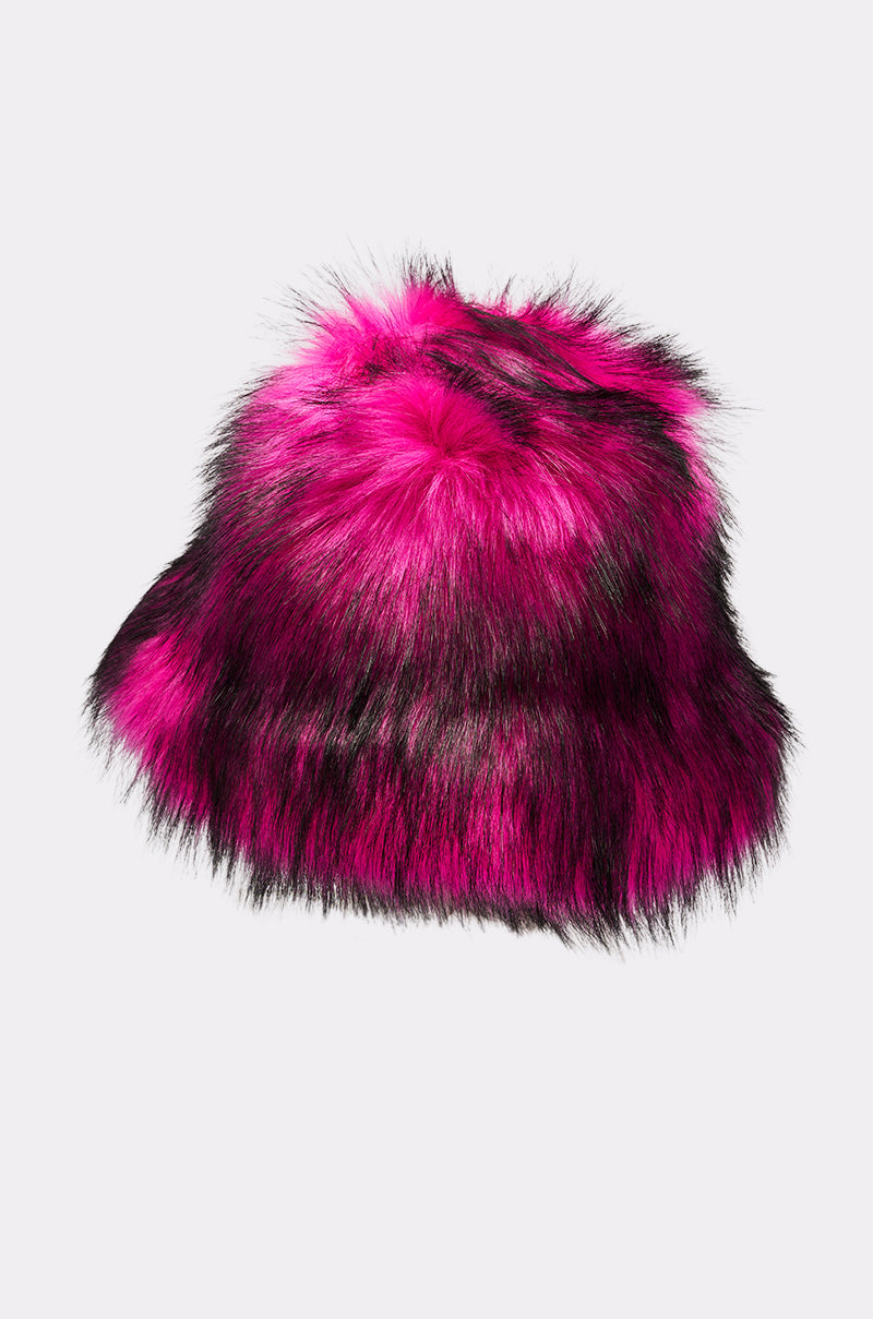 The HOTTIE FAUX FUR BUCKET HAT features oversized styling in bright pink and black, shown on a simple light gray background. 5