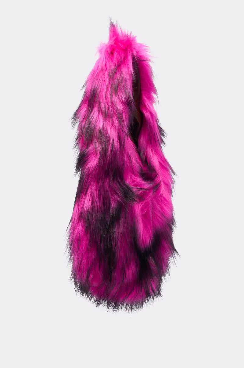 A vibrant pink and black IN NYC FAUX FUR PURSE with long, shaggy faux fur, displayed against a plain white background.