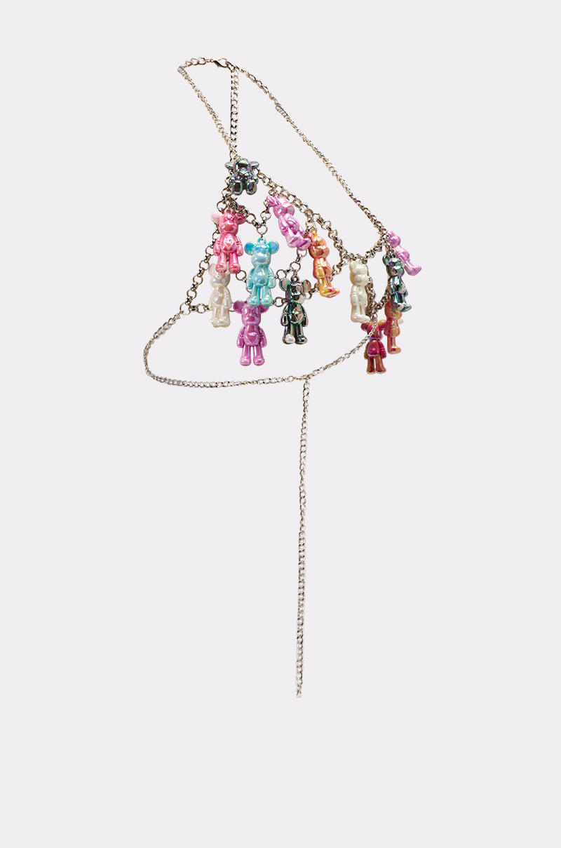 The BEARY CUTE BODY CHAIN is a Y2K-inspired silver chain necklace with multiple colorful teddy bear charms, displayed on a plain light gray background. 10