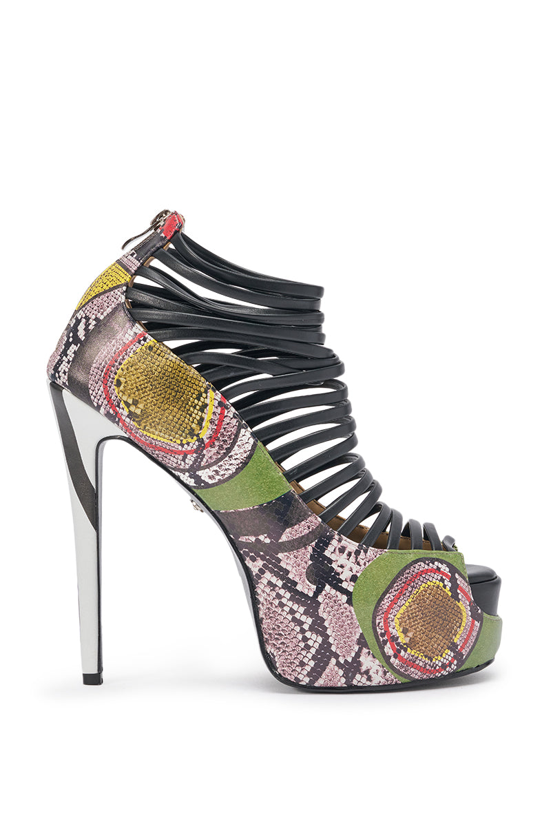The AKIRA GOLD OBSESSED SNAKE PRINT PU PLATFORM STILETTO SANDAL features a black strappy upper in vibrant pink, yellow, and green snakeskin print, set on a high platform with a slim stiletto heel. 3