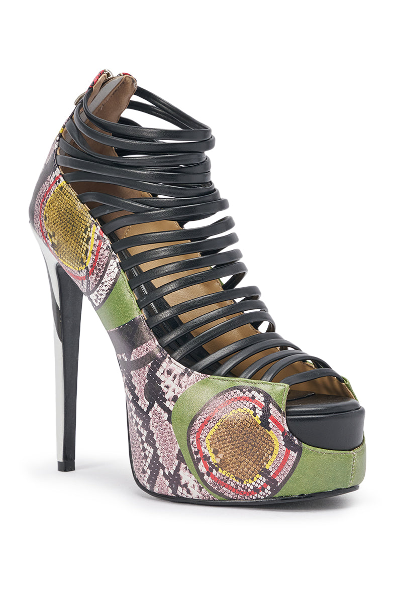 The AKIRA Gold Obsessed Snake Print PU Platform Stiletto Sandal features a high heel, open toe, black strappy upper, and a vibrant green, pink, and yellow faux leather snake print with circular patterns. 4