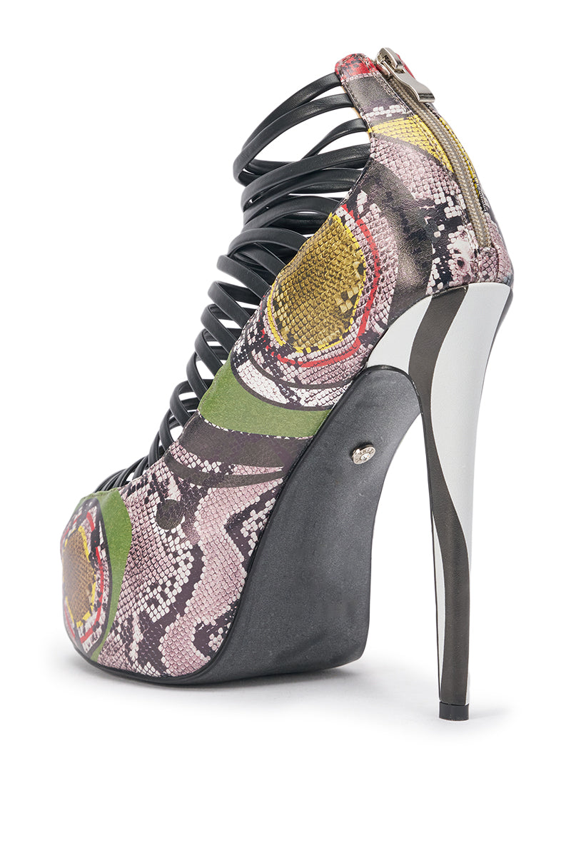 The AKIRA GOLD OBSESSED SNAKE PRINT PU PLATFORM STILETTO SANDAL features tall stiletto heels, a vibrant faux leather snake print, black strappy accents, and a heel zipper for easy wear. 5