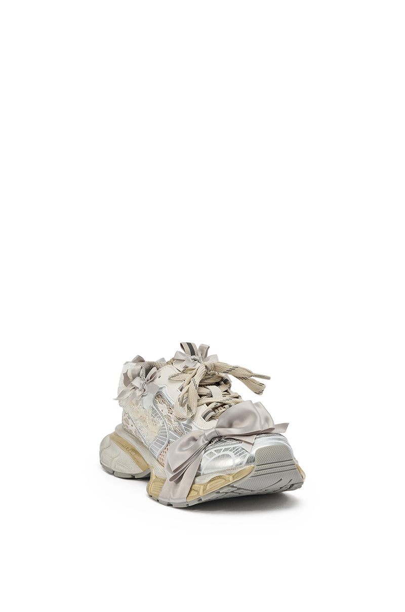 The AZALEA WANG OCTAVIA White Bow Embellished Chunky Sneaker features an off-white and beige platform, satin ribbon, and lace details—ideal for fans of girly fashion sneakers. 5