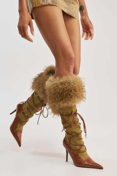 Denim Fur Detail Stiletto Knee High Boot | AKIRA