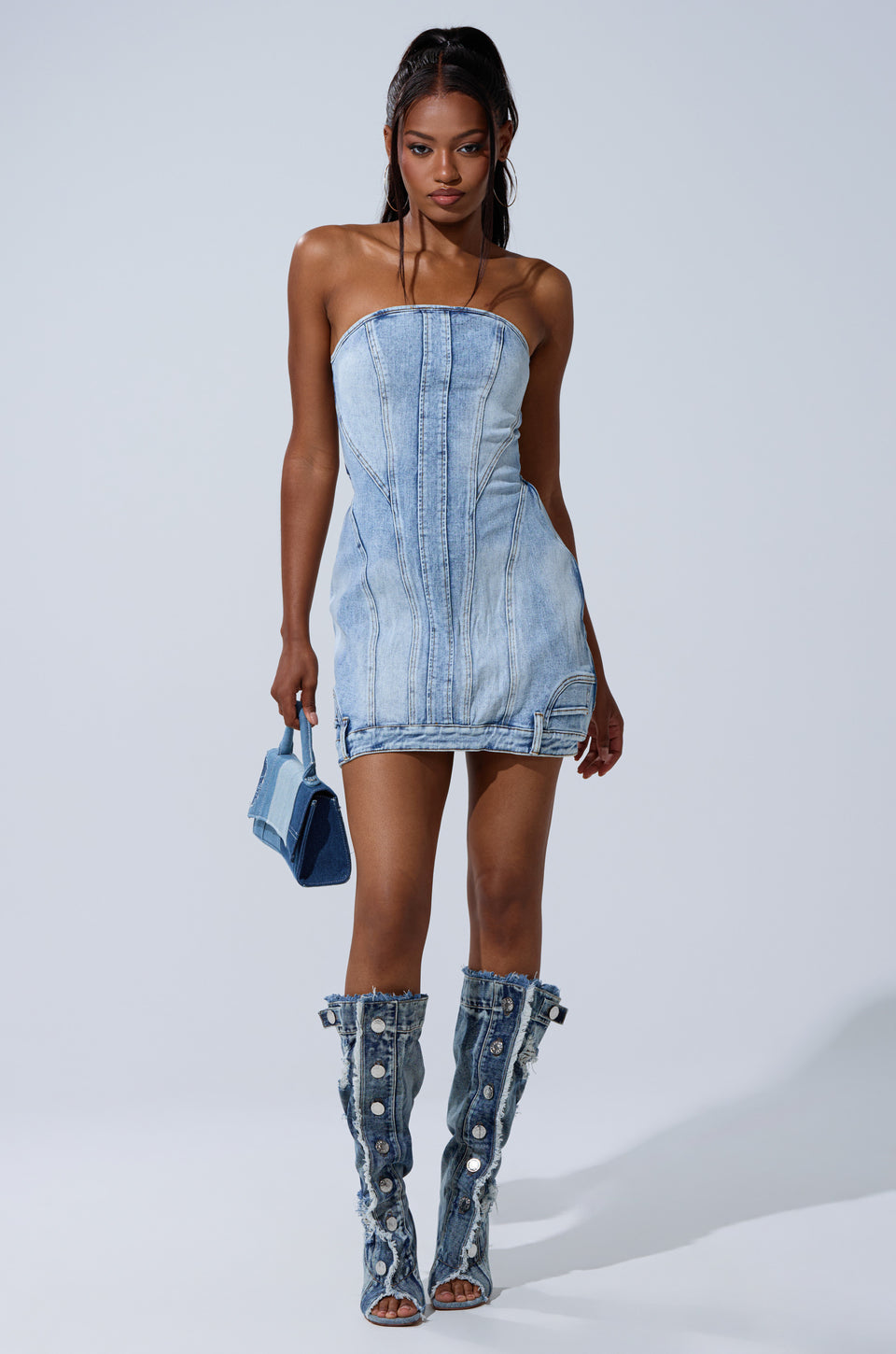 denim mini dress tall Indigo Tall Strappy Denim Mini Dress