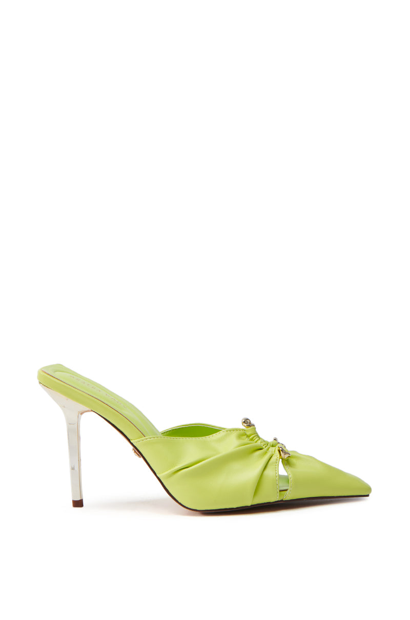 The AZALEA WANG OTZARA Yellow Stiletto Pump is a pointed-toe heeled mule, featuring a lime green faux leather with a decorative upper knot. It comes with a comfort cushion insole and a glossy thin high heel, exuding elegance.