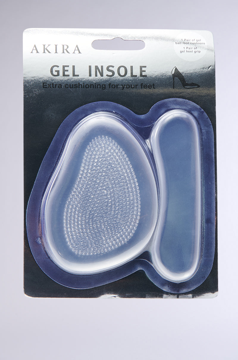 The packaging of the PAINLESS FOOT INSOLE from the AKIRA Essentials Collection showcases gel insoles designed for cushioned support in high heels. It features clear, textured surfaces, with "AKIRA GEL INSOLE" and a shoe silhouette on top.