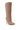 The AZALEA WANG PAITYN FUZZY BOOT IN BROWN is a single knee-high boot featuring a stiletto heel, enveloped in beige, textured, curly fabric reminiscent of fuzzy faux shearling, displayed against a white background.