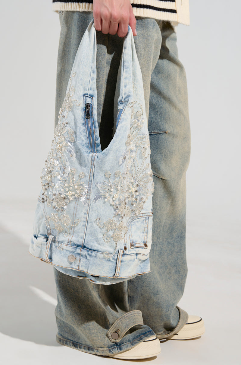 BLESSING IN DENIM EMBELLISHED SHOULDER BAG - Main Image