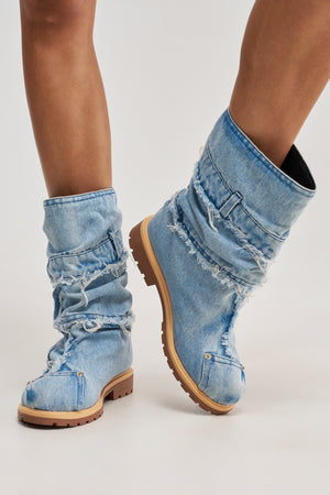 Gold Papillion Denim Flat Bootie, Pull On | AKIRA