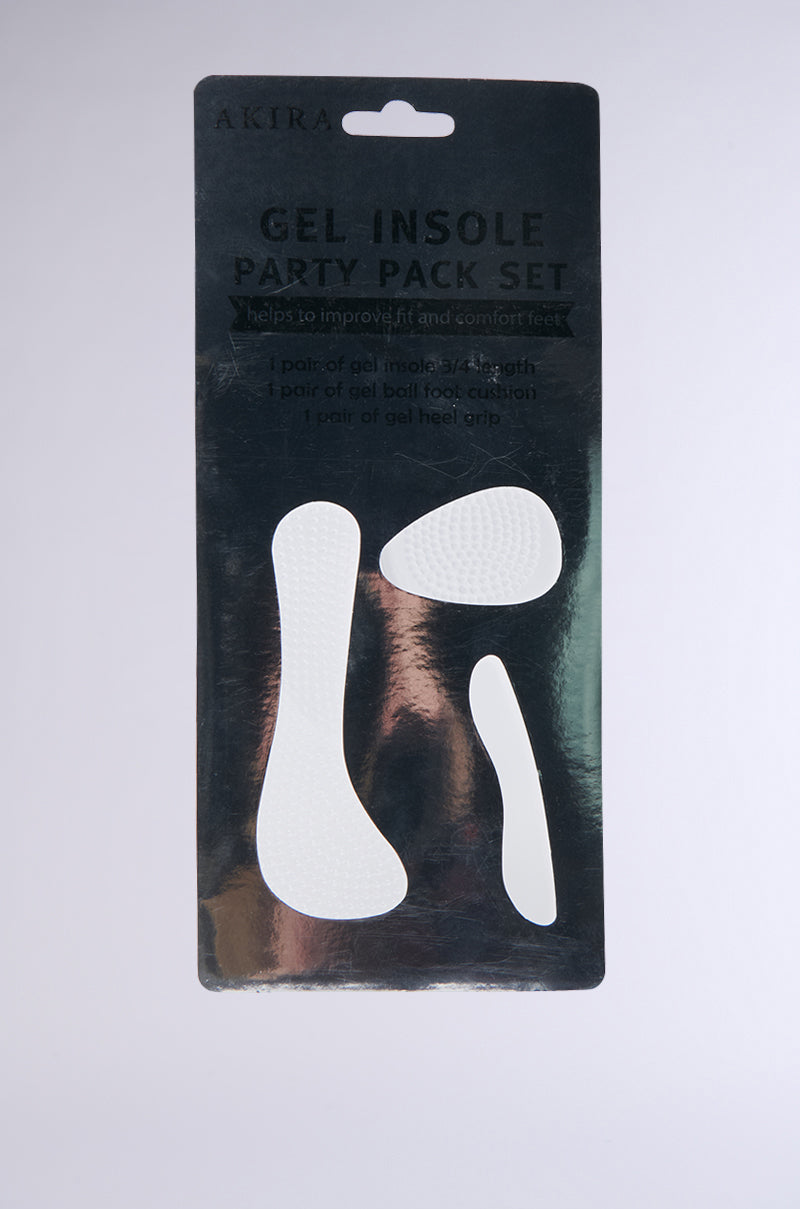 The "PARTY ON GEL INSOLE SET" from Akira includes three white gel pads for foot comfort: cushiony gel molds for shoes, ball of foot support, and heel grip. Ideal for dancing all night!.