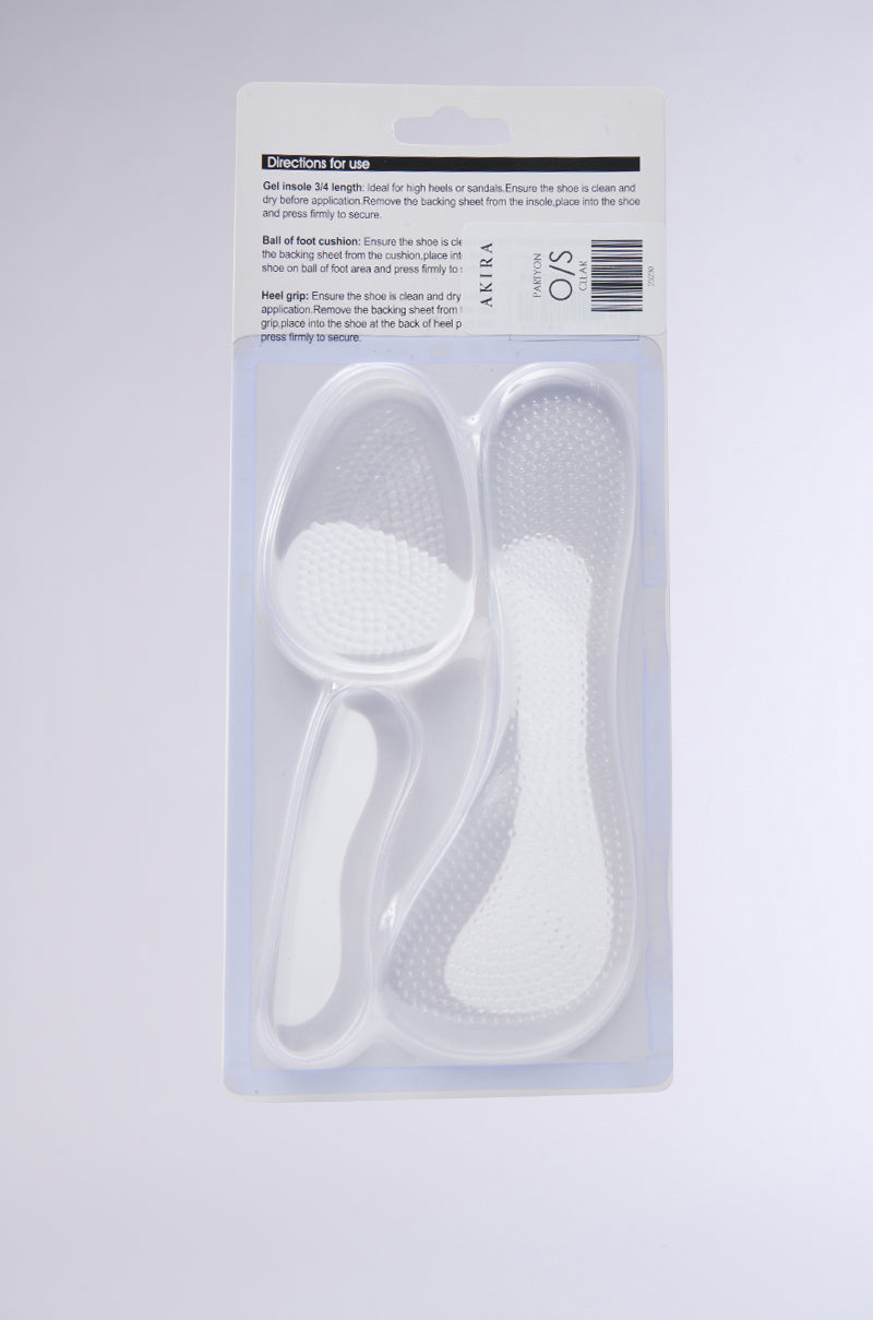 Introducing the PARTY ON GEL INSOLE SET with transparent gel insoles for shoes including cushion-enhancing heel and ball of foot pads. Clear instructions are printed on a clean, white background.