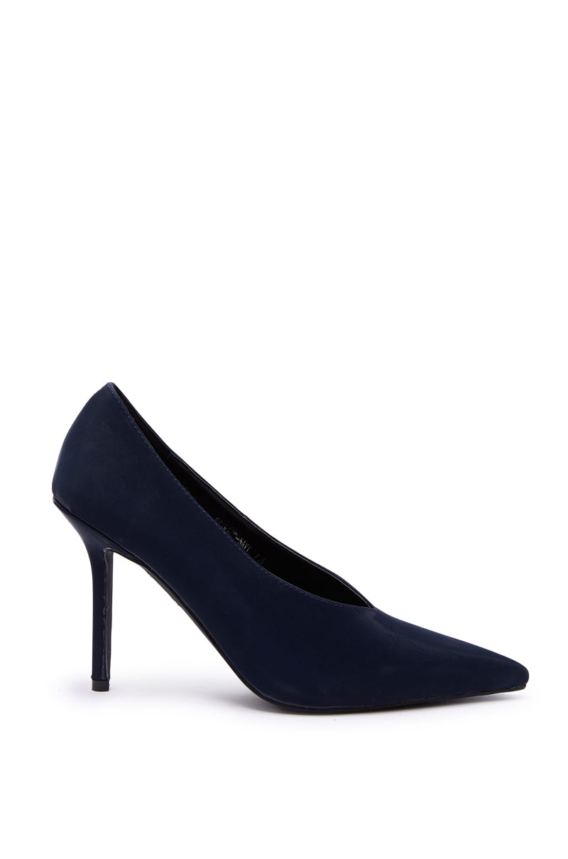 The AZALEA WANG PATRICC Navy Luxe Materials Pump features a pointed toe and sleek stiletto heel, displayed in profile against a white background.