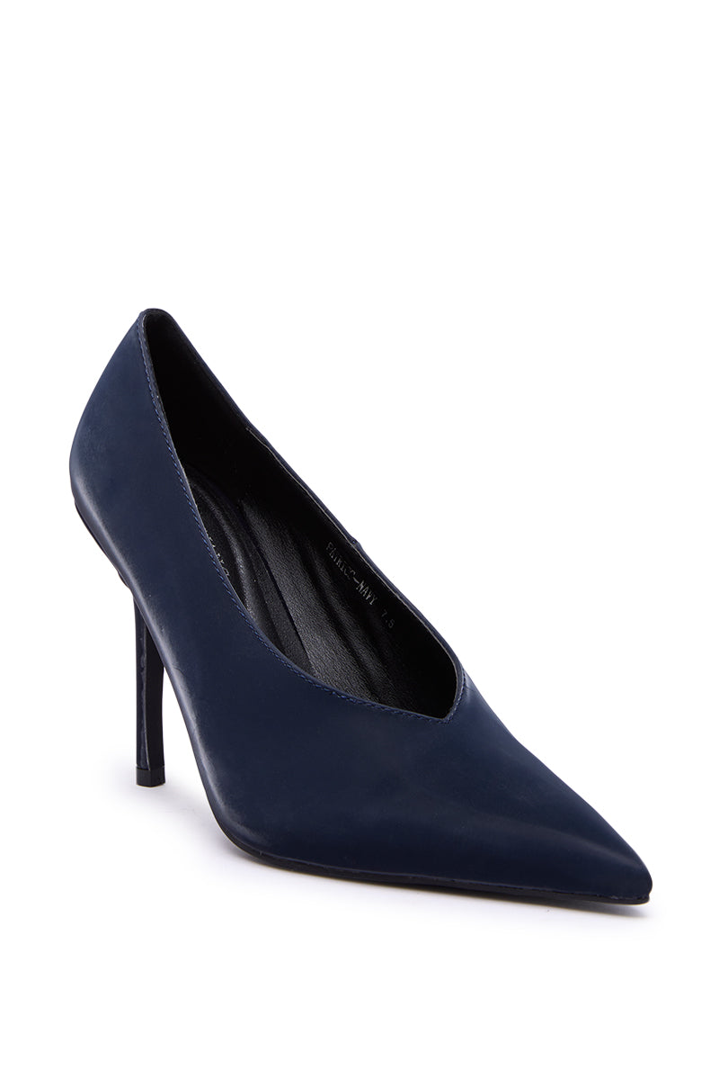 The AZALEA WANG PATRICC NAVY LUXE MATERIALS PUMP is a single navy blue stiletto with a pointed toe and sleek, smooth finish, displayed against a white background.
