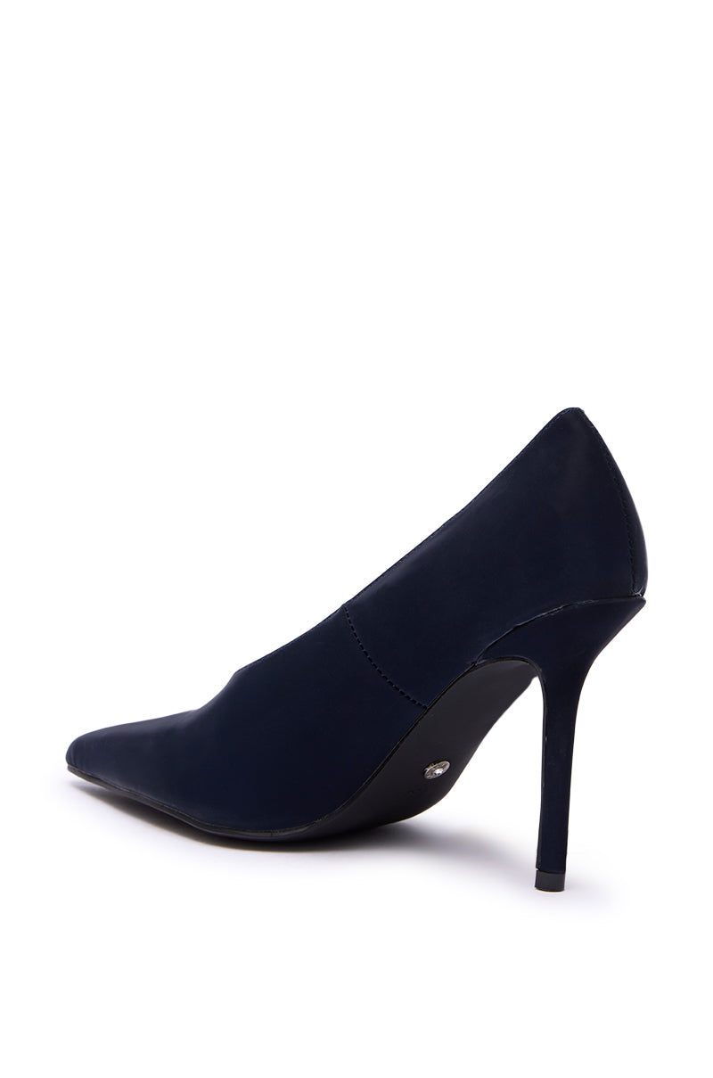 The AZALEA WANG PATRICC Navy Luxe Materials Pump is a pointed toe stiletto heel with a comfort cushion insole, shown on a white background at an angle highlighting the side and back.