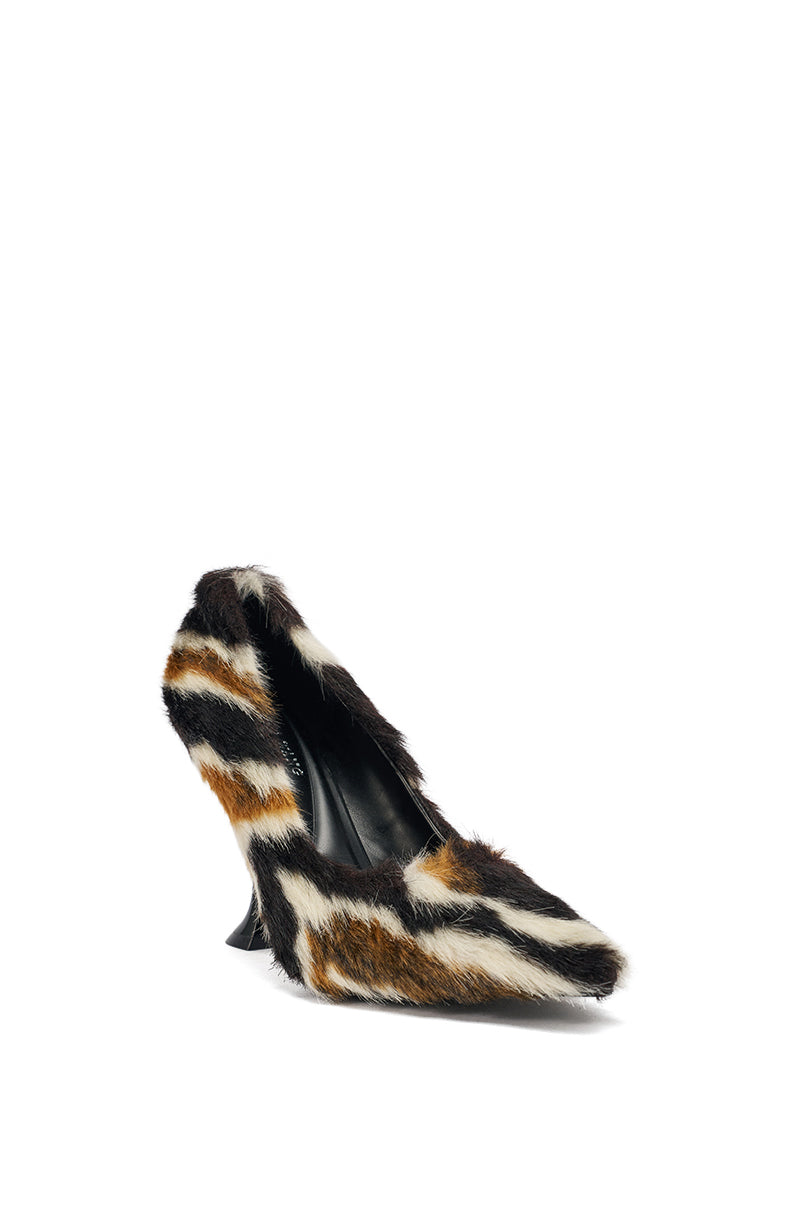 The AZALEA WANG PAULHINO FAUX FUR PUMP is a pointed toe stiletto with black, brown, and white striped faux fur in an animal print effect and features a sculpted, uniquely shaped high heel for standout style. 3