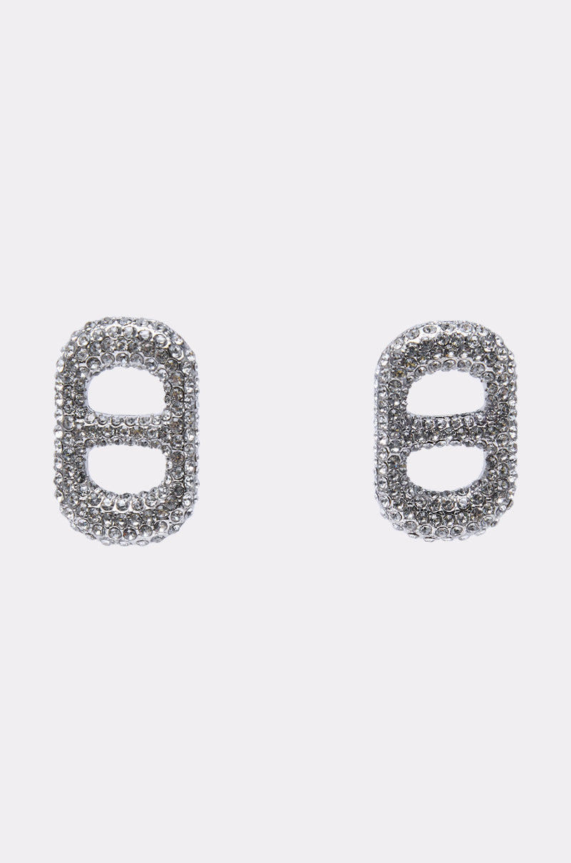 The POP IT EARRING features a pair of silver-tone earrings with small rhinestones and two open rectangular cutouts, inspired by pop tab designs, shown against a plain white background. 0