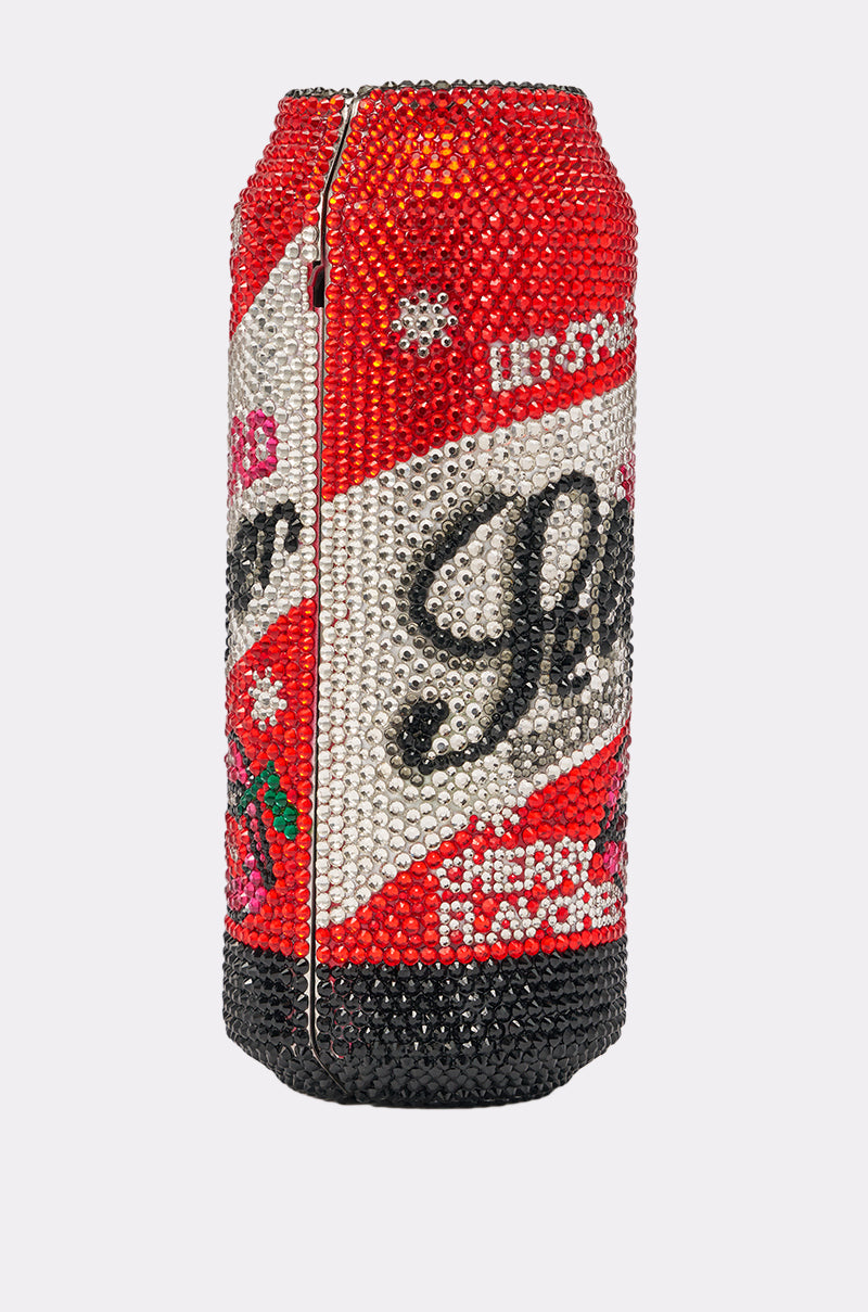 The TAKE A SIP BLING BAG is a holiday statement purse shaped like a soda can, covered in red, white, black, and silver rhinestones with "Cheer" and holly berries—a perfect festive novelty handbag. 3