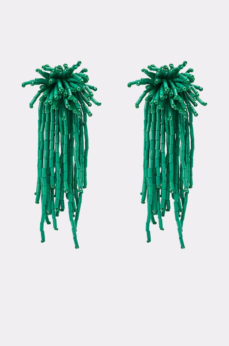 The IN THE SEA EARRINGS feature green beads with clustered tops and long, dangling strands—an ideal beach-day accessory—shown against a plain white background. 0