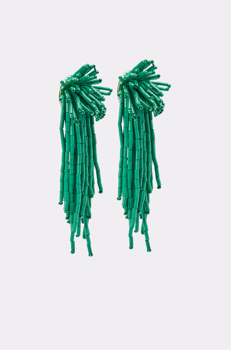 The IN THE SEA EARRINGS are bright green beaded earrings with clustered beads atop long, dangling tube-shaped strands, perfect for a beach day. Displayed against a plain white background. 2