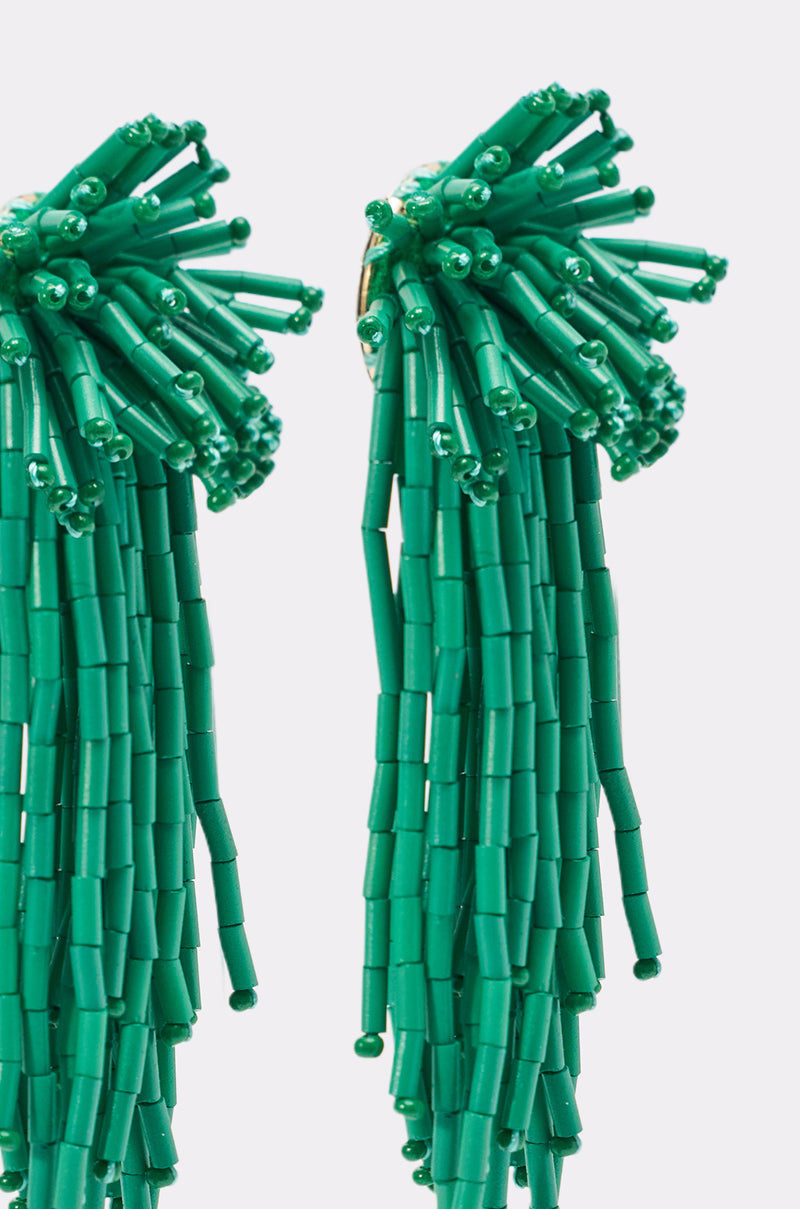 Close-up of IN THE SEA EARRINGS—vibrant green beaded earrings with long, dangling strands and clustered beads at the top, perfect for a chic beach-day look, set against a plain white background. 3
