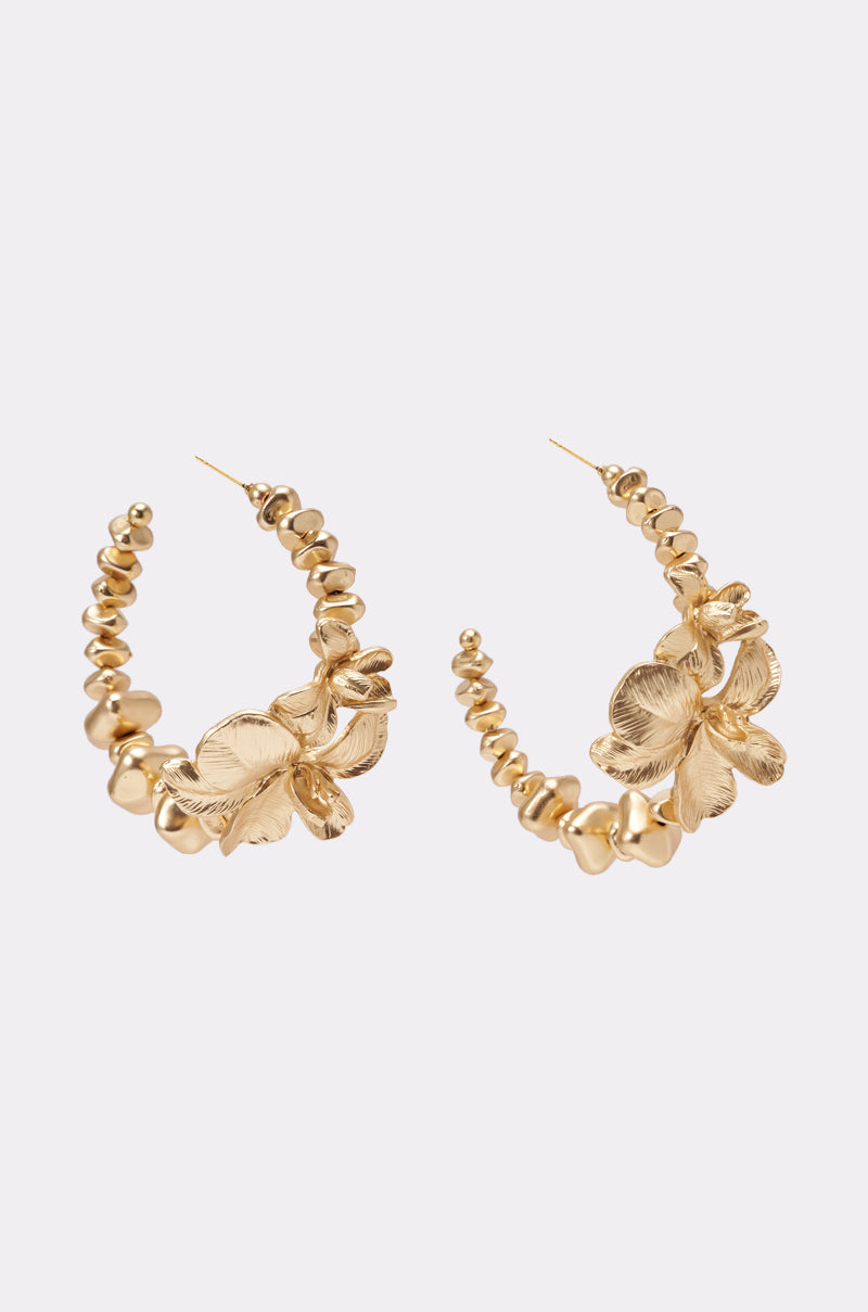 FLORAL DREAMS HOOP EARRING: Beaded gold hoops with bold, intricate floral designs on each earring—ideal statement jewelry for festivals—displayed against a light background. 0