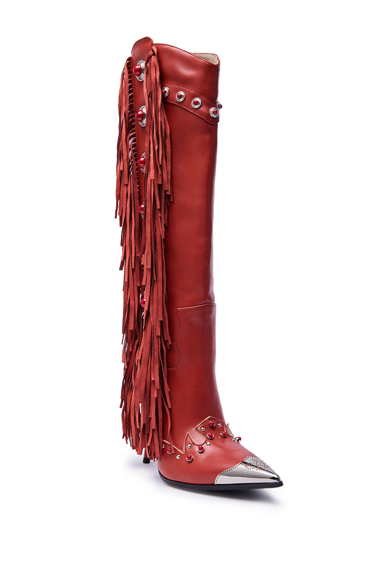 The AZALEA WANG PELAGIANA RED WESTERN POINTED TOE STILETTO BOOT features a tall knee-high design, silver eyelets, metal-tipped pointed toe, studded accents, and side fringe—ideal for bold western style. 5