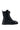 The AZALEA WANG PEMA BLACK FLAT BOOTIE is a black faux leather lace-up ankle boot showcasing a metallic toe cap and a geometric flatform sole in a side view. This combat-style boot is detailed with silver eyelets and includes a pull tab on the back.