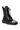 The AZALEA WANG PEMA BLACK FLAT BOOTIE is a black faux leather combat boot featuring a metallic cap toe and a high lace-up design, complemented by silver eyelets and set on a thick, geometric flatform sole.